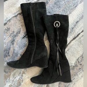 Yasmine Black Warm Zip Leather Suede Wool Wedge High Boots Size 6.5